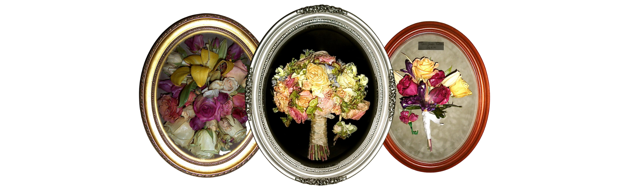 three beautiful preserved wedding bouquets in oval frames 
