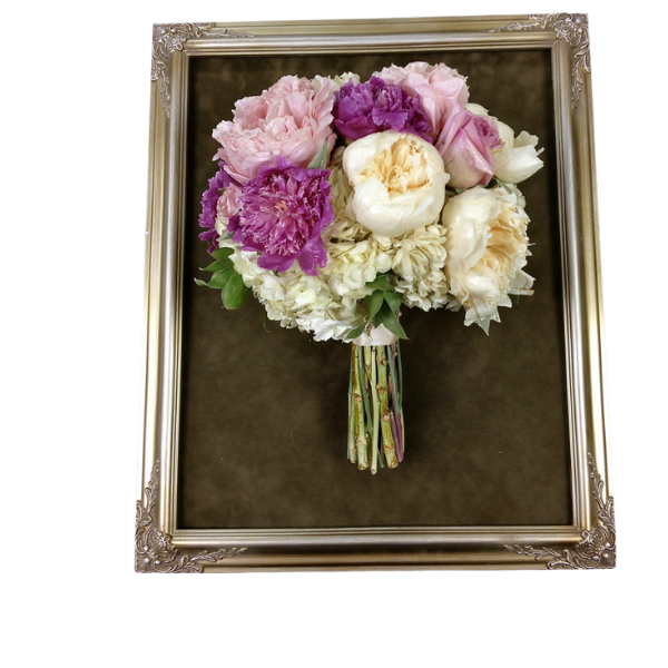 beautiful rectangle silver frame with a preserved wedding bouquet 